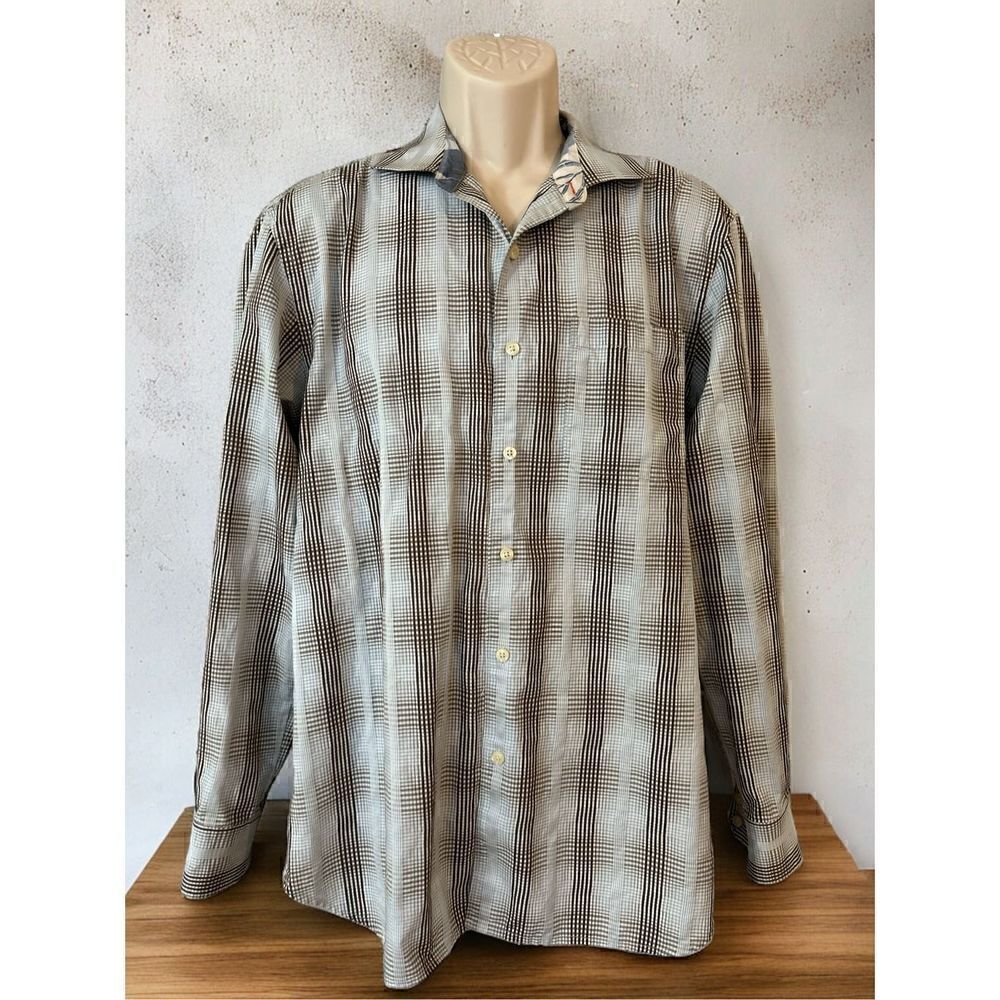Mens Tommy Bahama Plaid Button Up Flip Cuff Shirt - size L Blue / Gray